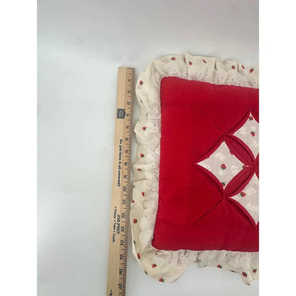 Vintage Red Strawberry Cottagecore Quilted Throw Pillow Ruffle Eyelet Lace